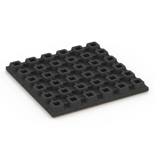 Aufsicht auf die Unterseite, also die Bodenseite von WARCO-Formteil 6439 - Playground safety tile – CFH 160 cm im Format 50 x 50 x 4,8 cm.