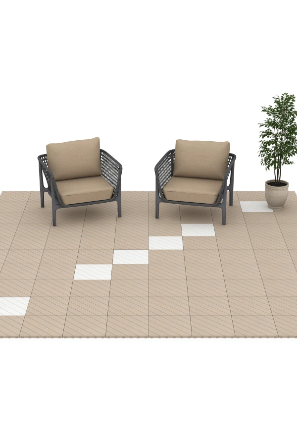 Beispielhafte Verlegung für den Artikel 6328 von WARCO - Herringbone – Deck Tile, Farbton Chalk in der Abmessung 38,5 x 38,5 x 2 cm.