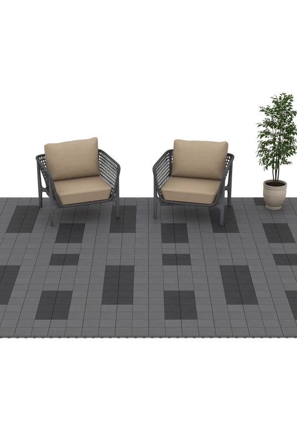 Beispielhafte Verlegung für den Artikel 6347 von WARCO - Mosaic – Deck Tile, Farbton Slate in der Abmessung 30 x 30 x 2 cm.