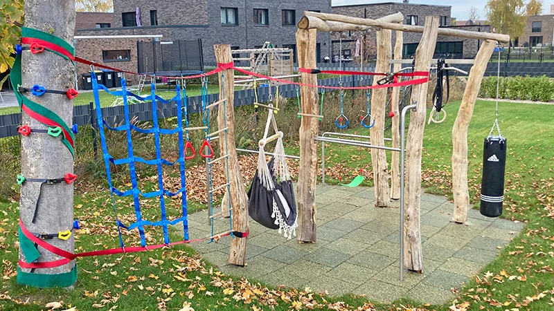 A climbing frame on a tree with nets. Next to it, a few wooden poles with a punching bag, horizontal bar and swing.