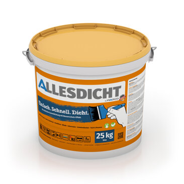 Ein Eimer mit 25 kg WARCO AllesDicht im Farbton blau.