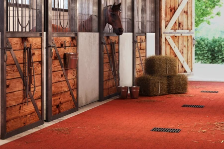 T-stones or bone stones or interlocking paving made of rubber granulate are the preferred stable floor in a stable aisle in a horse stable.